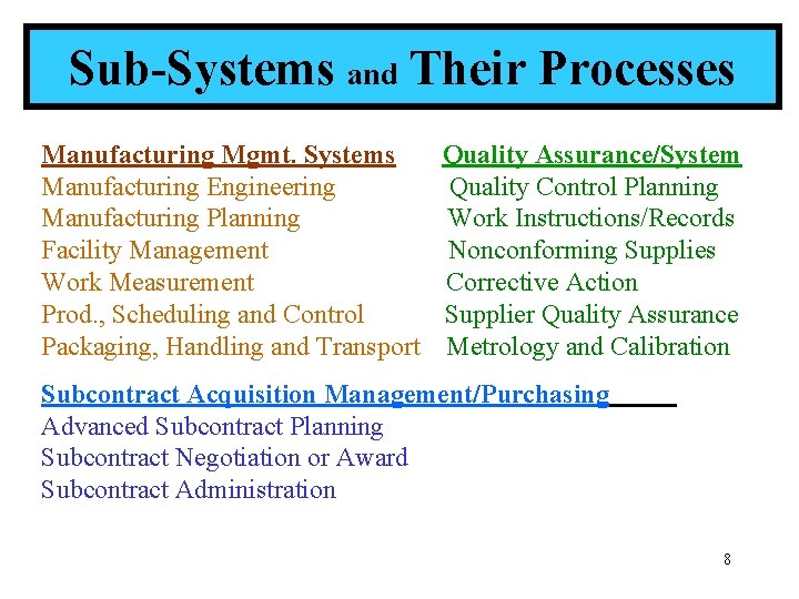 Sub-Systems and Their Processes Manufacturing Mgmt. Systems Quality Assurance/System Manufacturing Engineering Quality Control Planning