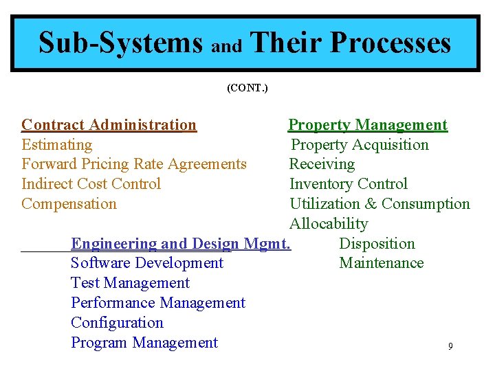 Sub-Systems and Their Processes (CONT. ) Contract Administration Estimating Forward Pricing Rate Agreements Indirect