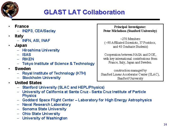 GLAST LAT Collaboration • France – IN 2 P 3, CEA/Saclay • Italy –