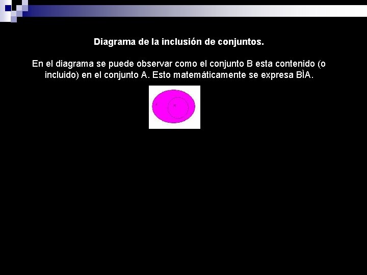 Diagrama de la inclusión de conjuntos. En el diagrama se puede observar como el