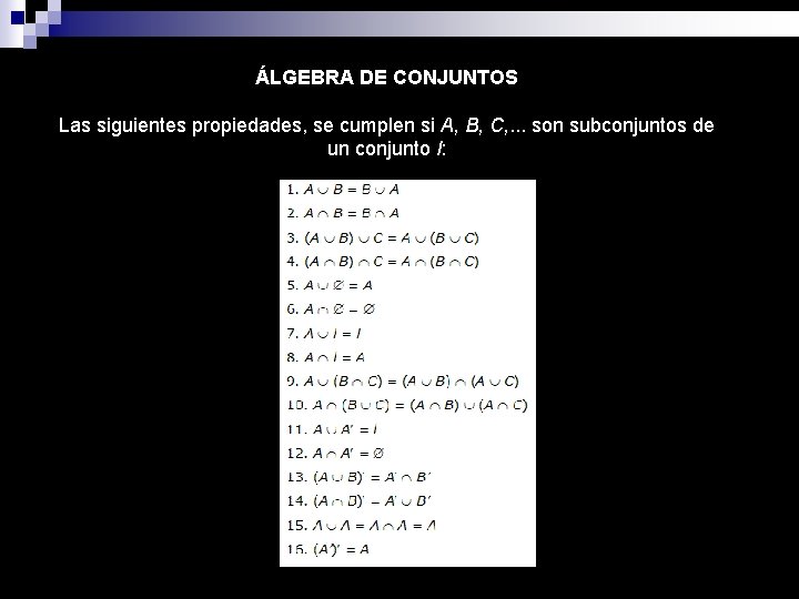 ÁLGEBRA DE CONJUNTOS Las siguientes propiedades, se cumplen si A, B, C, . .