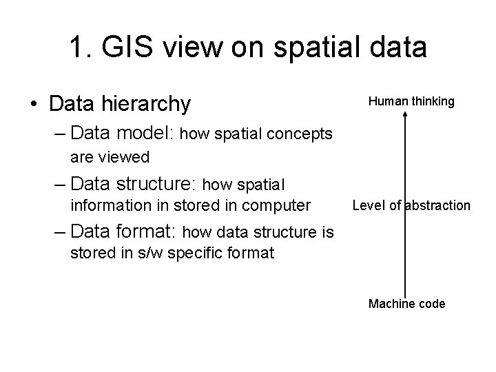 1. GIS view on spatial data • Data hierarchy Human thinking – Data model: