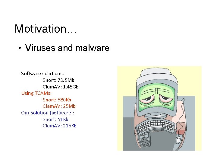 Motivation… • Viruses and malware Software solutions: Snort: 73. 5 Mb Clam. AV: 1.
