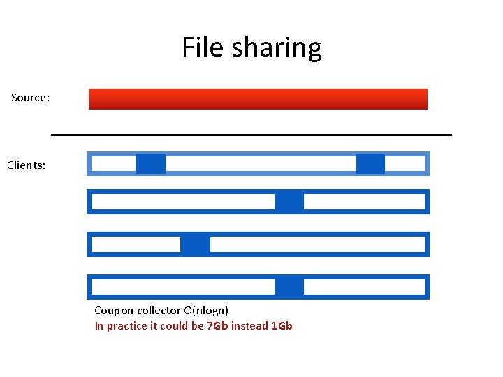 File sharing Source: Clients: Coupon collector O(nlogn) In practice it could be 7 Gb