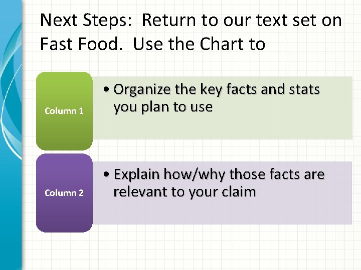 Next Steps: Return to our text set on Fast Food. Use the Chart to