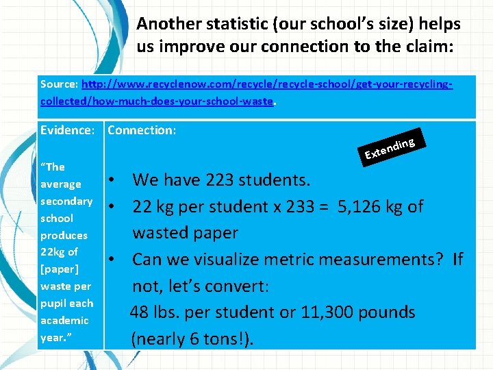 Another statistic (our school’s size) helps us improve our connection to the claim: Source: