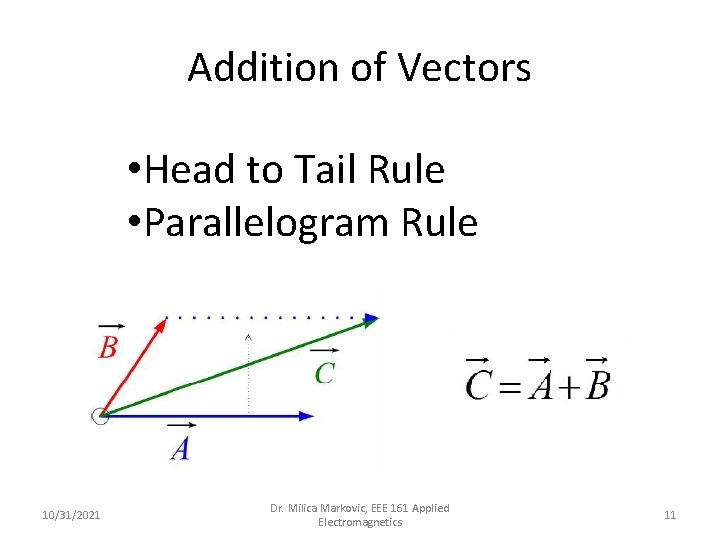 Addition of Vectors • Head to Tail Rule • Parallelogram Rule 10/31/2021 Dr. Milica
