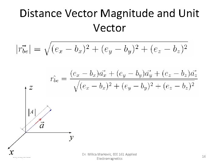 Distance Vector Magnitude and Unit Vector 10/31/2021 Dr. Milica Markovic, EEE 161 Applied Electromagnetics