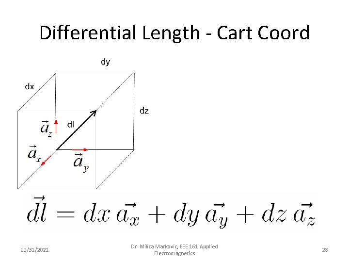 Differential Length - Cart Coord 10/31/2021 Dr. Milica Markovic, EEE 161 Applied Electromagnetics 28