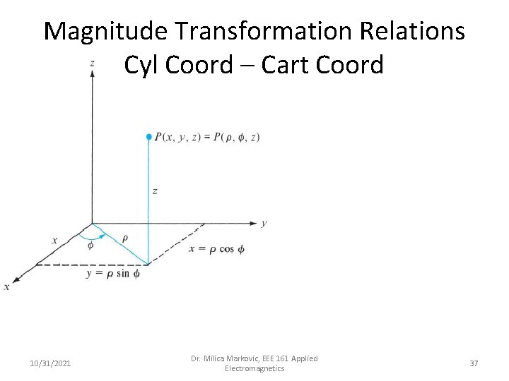 Magnitude Transformation Relations Cyl Coord – Cart Coord 10/31/2021 Dr. Milica Markovic, EEE 161