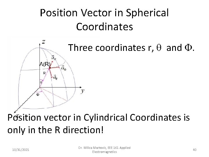 Position Vector in Spherical Coordinates Three coordinates r, θ and Φ. Position vector in