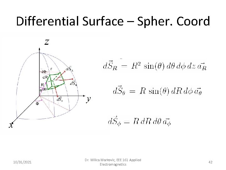 Differential Surface – Spher. Coord 10/31/2021 Dr. Milica Markovic, EEE 161 Applied Electromagnetics 42