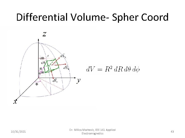 Differential Volume- Spher Coord 10/31/2021 Dr. Milica Markovic, EEE 161 Applied Electromagnetics 43 