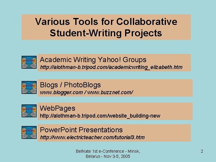 Various Tools for Collaborative Student-Writing Projects Academic Writing Yahoo! Groups http: //alothman-b. tripod. com/academicwriting_elizabeth. Various Tools for Collaborative Student-Writing Projects Academic Writing Yahoo! Groups http: //alothman-b. tripod. com/academicwriting_elizabeth.