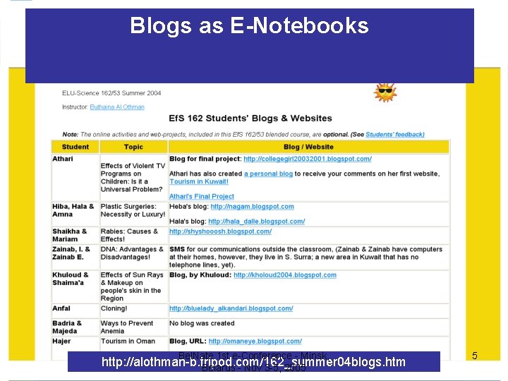 Blogs as E-Notebooks Bel. Nate 1 st e-Conference - Minsk, http: //alothman-b. tripod. com/162_summer Blogs as E-Notebooks Bel. Nate 1 st e-Conference - Minsk, http: //alothman-b. tripod. com/162_summer
