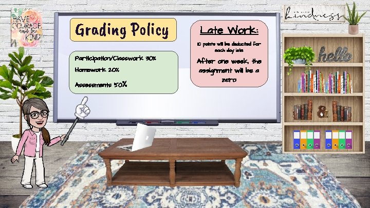 Grading Policy Late Work: 10 points will be deducted for each day late Participation/Classwork