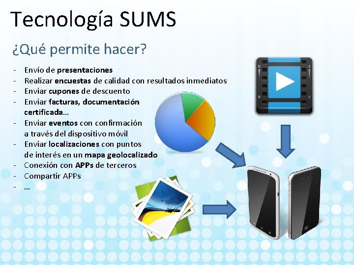 Tecnología SUMS ¿Qué permite hacer? - Envío de presentaciones Realizar encuestas de calidad con