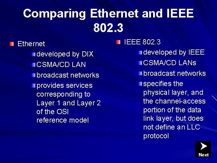 Comparing Ethernet and IEEE 802. 3 Ethernet developed by DIX CSMA/CD LAN broadcast networks Comparing Ethernet and IEEE 802. 3 Ethernet developed by DIX CSMA/CD LAN broadcast networks