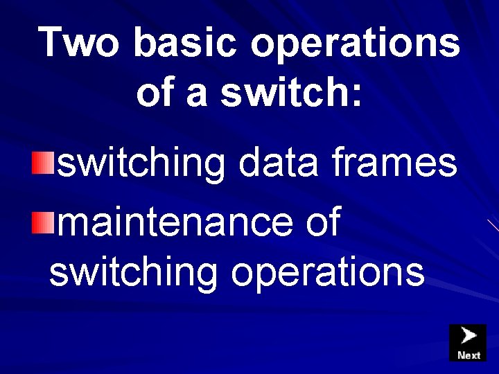 Two basic operations of a switch: switching data frames maintenance of switching operations Two basic operations of a switch: switching data frames maintenance of switching operations