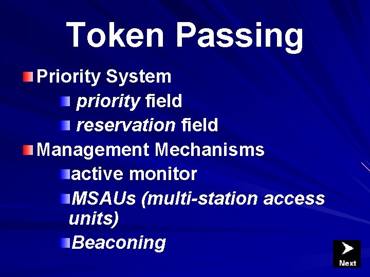 Token Passing Priority System priority field reservation field Management Mechanisms active monitor MSAUs (multi-station Token Passing Priority System priority field reservation field Management Mechanisms active monitor MSAUs (multi-station