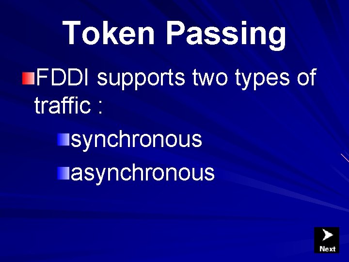 Token Passing FDDI supports two types of traffic : synchronous asynchronous Token Passing FDDI supports two types of traffic : synchronous asynchronous
