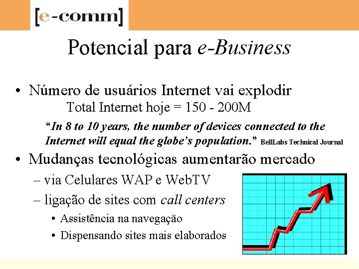 Potencial para e-Business • Número de usuários Internet vai explodir Total Internet hoje =