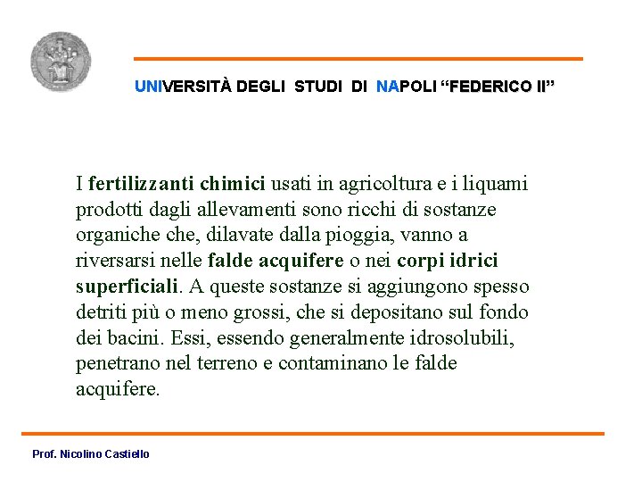 Inquinamento dell’acqua UNIVERSITÀ DEGLI STUDI DI NAPOLI “FEDERICO II” I fertilizzanti chimici usati in