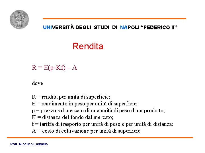 Modello di von Thunen UNIVERSITÀ DEGLI STUDI DI NAPOLI “FEDERICO II” Rendita R =