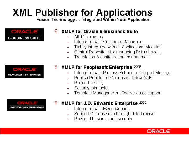 XML Publisher for Applications Fusion Technology … Integrated Within Your Application Ÿ XMLP for