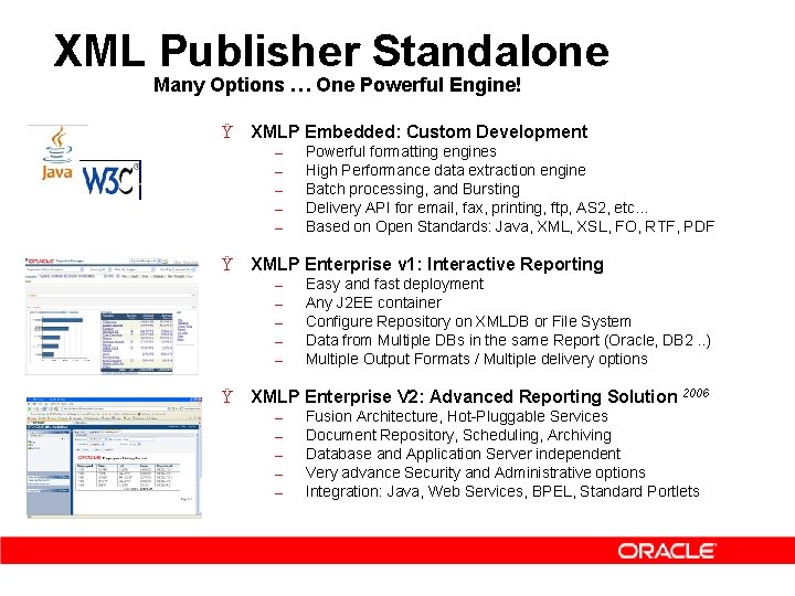 XML Publisher Standalone Many Options … One Powerful Engine! Ÿ XMLP Embedded: Custom Development