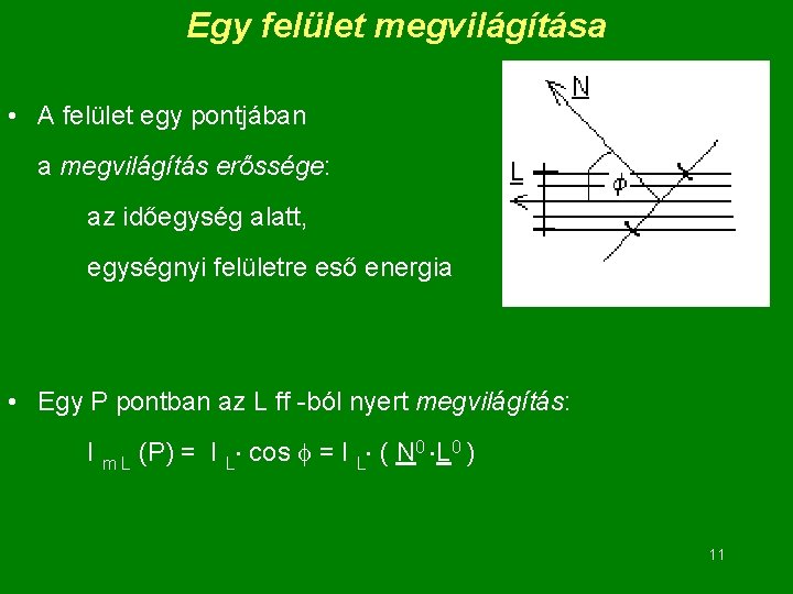 Egy felület megvilágítása • A felület egy pontjában a megvilágítás erőssége: az időegység alatt,