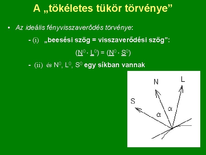 A „tökéletes tükör törvénye” • Az ideális fényvisszaverődés törvénye: - (i) „beesési szög =