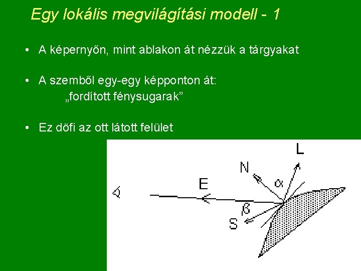 Egy lokális megvilágítási modell - 1 • A képernyőn, mint ablakon át nézzük a