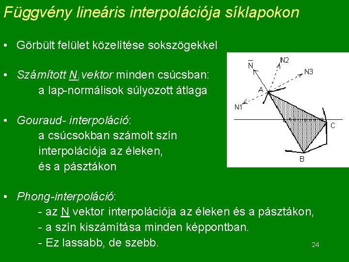 Függvény lineáris interpolációja síklapokon • Görbült felület közelítése sokszögekkel • Számított Ni vektor minden