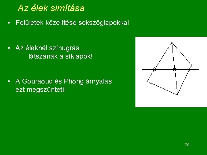 Az élek simítása • Felületek közelítése sokszöglapokkal • Az éleknél színugrás; látszanak a síklapok!