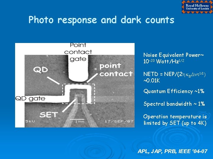 Photo response and dark counts Noise Equivalent Power~ 10 -20 Watt/Hz 1/2 NETD =