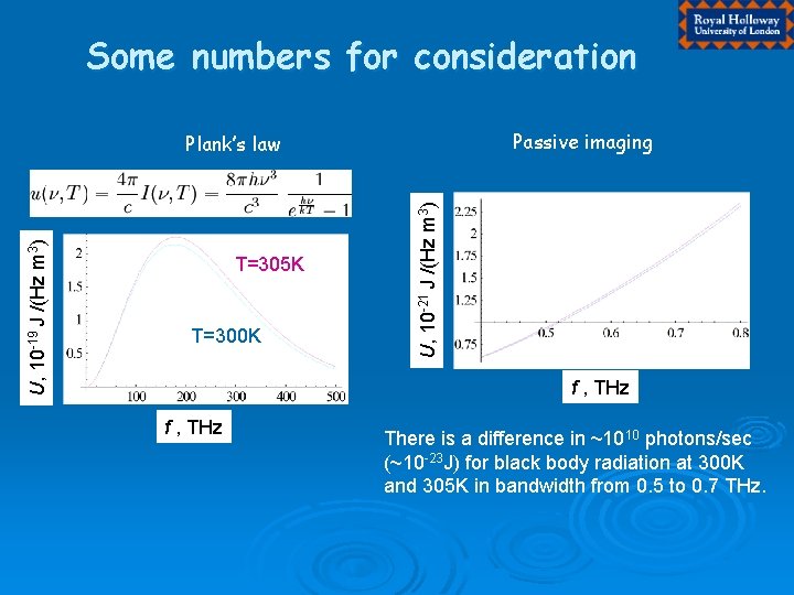 Some numbers for consideration Passive imaging T=305 K T=300 K U, 10 -21 J