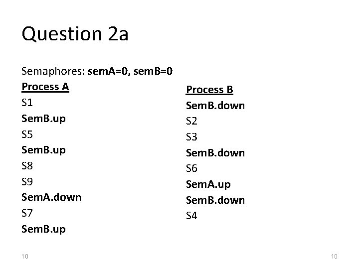 Question 2 a Semaphores: sem. A=0, sem. B=0 Process A S 1 Sem. B.