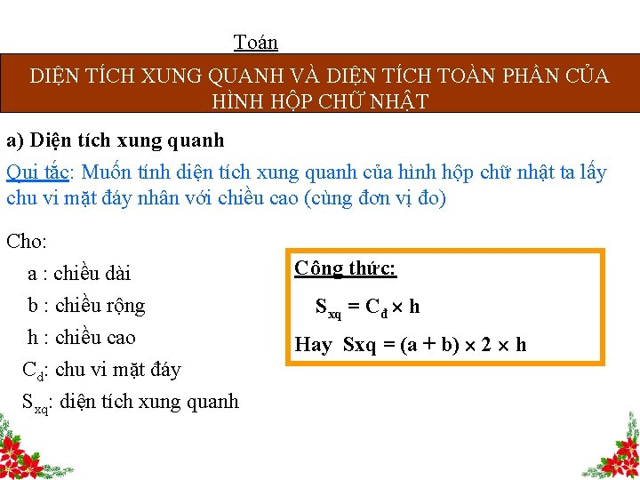 Toán DIỆN TÍCH XUNG QUANH VÀ DIỆN TÍCH TOÀN PHẦN CỦA HÌNH HỘP CHỮ