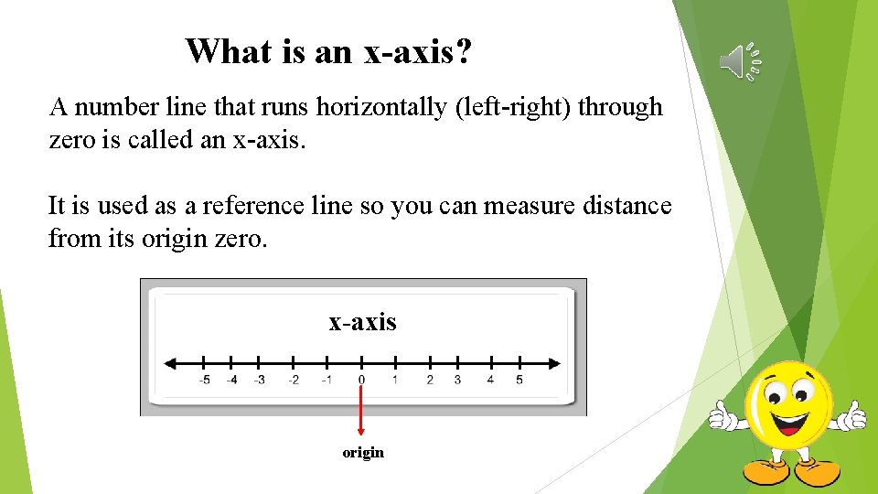 What is an x-axis? A number line that runs horizontally (left-right) through zero is