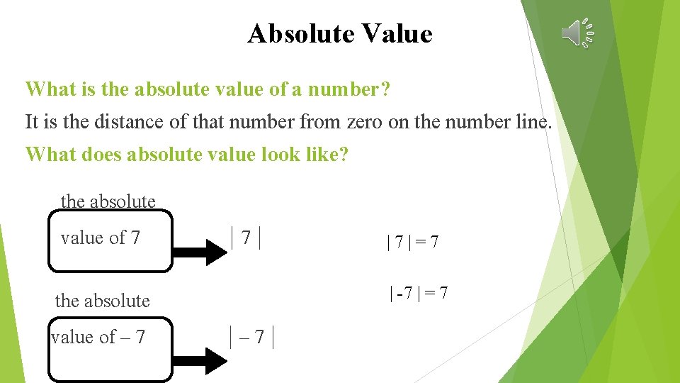 Absolute Value What is the absolute value of a number? It is the distance