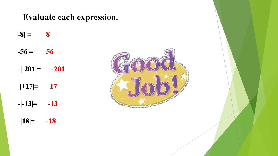 Evaluate each expression. |-8| = 8 |-56|= 56 -|-201|= -201 |+17|= 17 -|-13|= -13