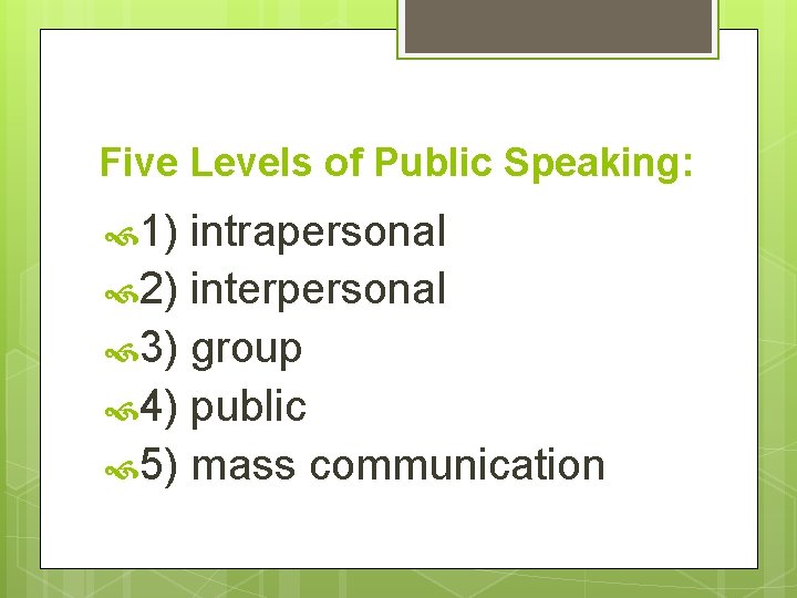 Five Levels of Public Speaking: 1) intrapersonal 2) interpersonal 3) group 4) public 5)