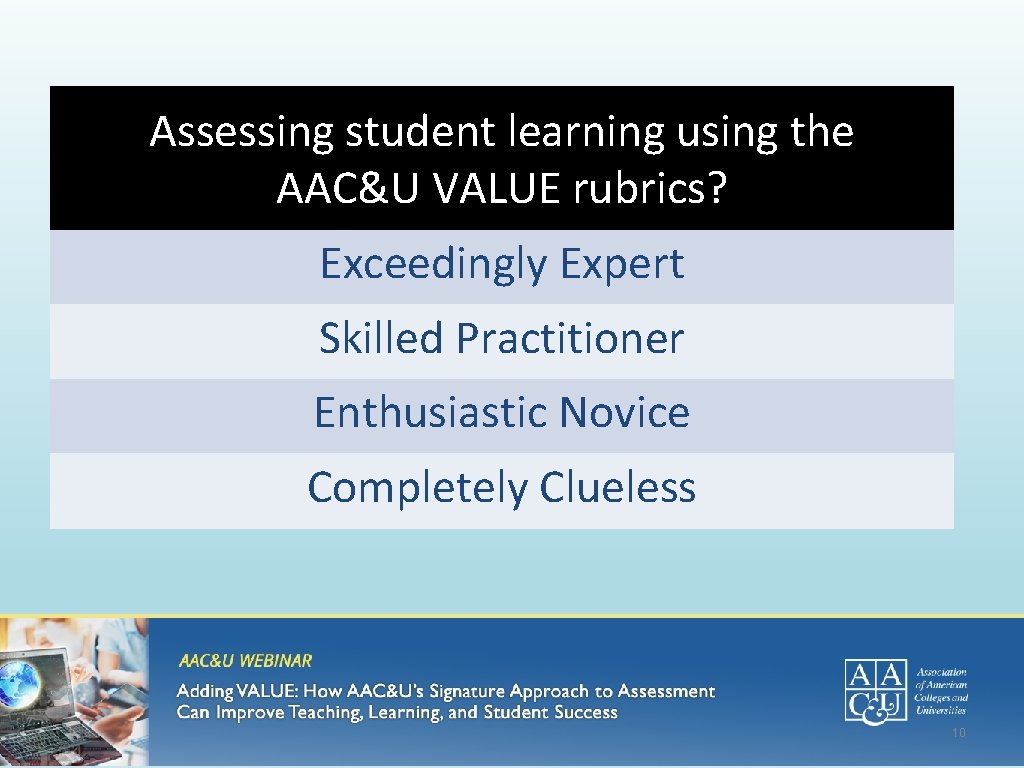 Assessing student learning using the AAC&U VALUE rubrics? Exceedingly Expert Skilled Practitioner Enthusiastic Novice