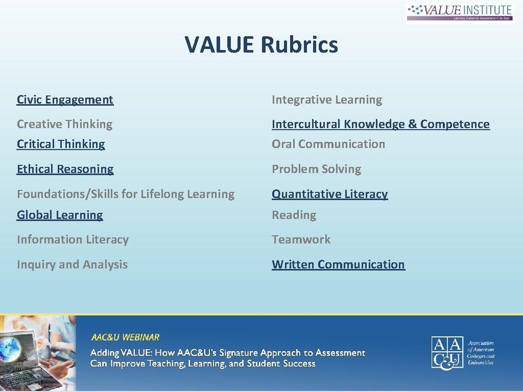 VALUE Rubrics Civic Engagement Integrative Learning Creative Thinking Critical Thinking Intercultural Knowledge & Competence