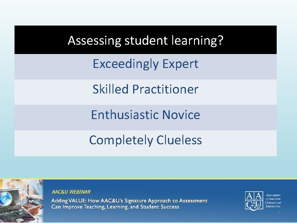 Assessing student learning? Exceedingly Expert Skilled Practitioner Enthusiastic Novice Completely Clueless 7 