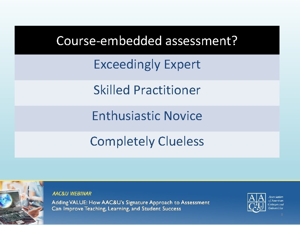 Course-embedded assessment? Exceedingly Expert Skilled Practitioner Enthusiastic Novice Completely Clueless 8 