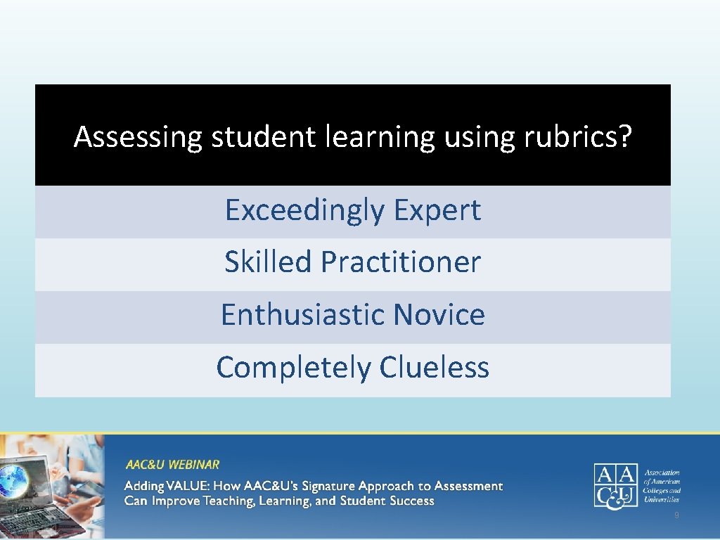 Assessing student learning using rubrics? Exceedingly Expert Skilled Practitioner Enthusiastic Novice Completely Clueless 9