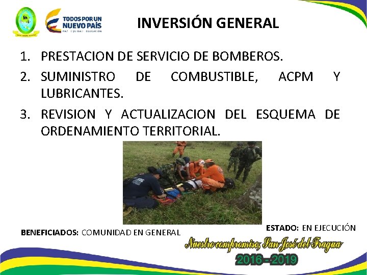 INVERSIÓN GENERAL 1. PRESTACION DE SERVICIO DE BOMBEROS. 2. SUMINISTRO DE COMBUSTIBLE, ACPM Y