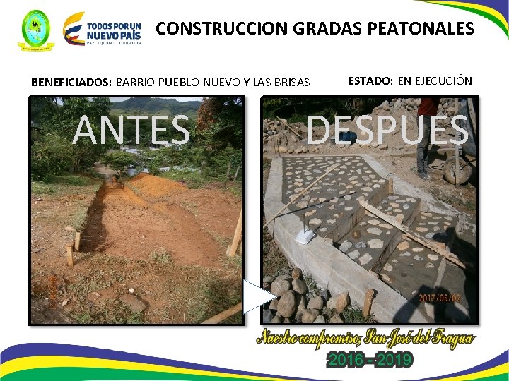 CONSTRUCCION GRADAS PEATONALES BENEFICIADOS: BARRIO PUEBLO NUEVO Y LAS BRISAS ANTES ESTADO: EN EJECUCIÓN